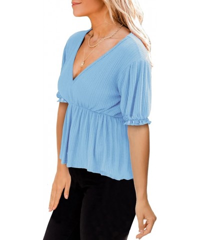 Women's Puff Sleeve Ruffle Hem Peplum Top Short Sleeve Light Blue $9.87 Blouses