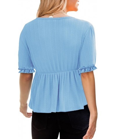 Women's Puff Sleeve Ruffle Hem Peplum Top Short Sleeve Light Blue $9.87 Blouses