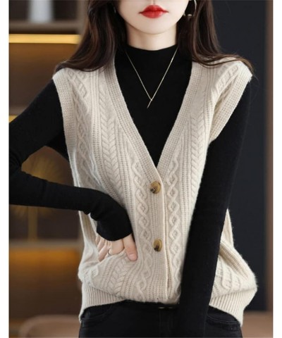 Women 100% Cashmere Sweater Vest Cable Knitted Sleeveless V-Neck Cardigan Sweater Button Vest Beige $30.80 Sweaters