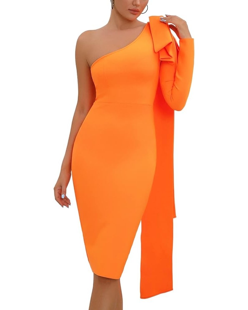 Women's One Shoulder Long Sleeve Bandage Dress Tie Midi Bodycon Evening Party Celebration Dress Orange $33.75 Dresses