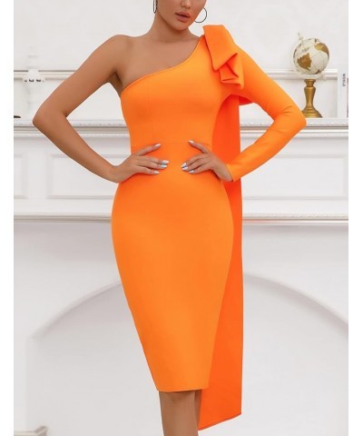 Women's One Shoulder Long Sleeve Bandage Dress Tie Midi Bodycon Evening Party Celebration Dress Orange $33.75 Dresses