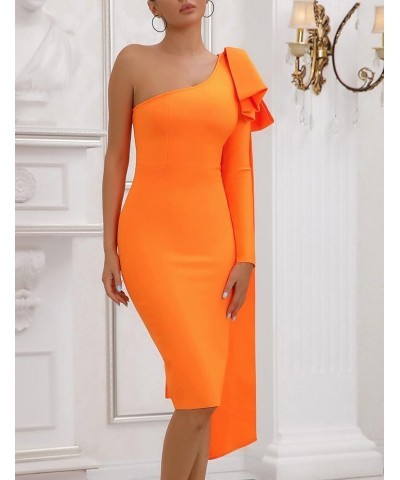 Women's One Shoulder Long Sleeve Bandage Dress Tie Midi Bodycon Evening Party Celebration Dress Orange $33.75 Dresses