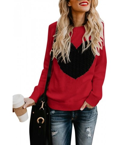 Women's Pullover Sweaters Long Sleeve Crewneck Front Ribbed Knitted Cute Heart Sweater 3032 Red $16.77 Sweaters