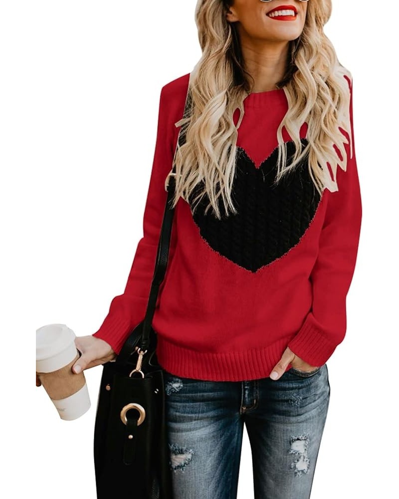 Women's Pullover Sweaters Long Sleeve Crewneck Front Ribbed Knitted Cute Heart Sweater 3032 Red $16.77 Sweaters