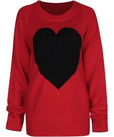 Women's Pullover Sweaters Long Sleeve Crewneck Front Ribbed Knitted Cute Heart Sweater 3032 Red $16.77 Sweaters