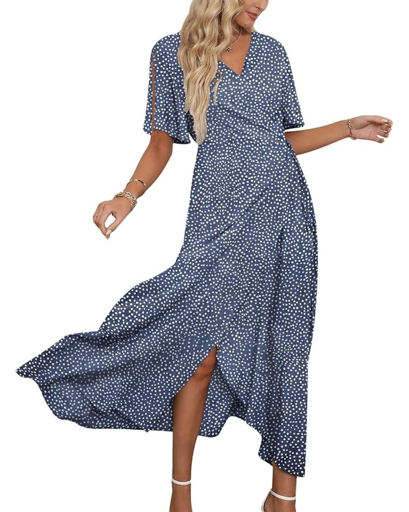 Women Summer V Neck Short Sleeve Split Wrap Maxi Dress Waist Tie Casual Flowy Long Dress 15-blue&white Dot $20.16 Dresses