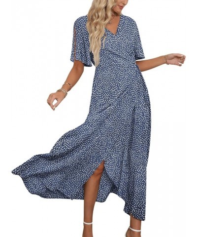 Women Summer V Neck Short Sleeve Split Wrap Maxi Dress Waist Tie Casual Flowy Long Dress 15-blue&white Dot $20.16 Dresses