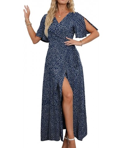 Women Summer V Neck Short Sleeve Split Wrap Maxi Dress Waist Tie Casual Flowy Long Dress 15-blue&white Dot $20.16 Dresses