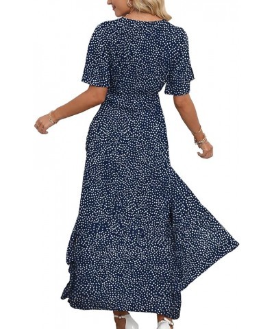 Women Summer V Neck Short Sleeve Split Wrap Maxi Dress Waist Tie Casual Flowy Long Dress 15-blue&white Dot $20.16 Dresses