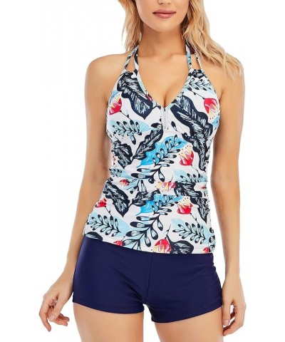 Women's V Neck Tankini Set Halter Tummy Control Tankini Top with Boyshorts Bottom Ruched Two Piece Bathing Suits Blue Leaf $1...