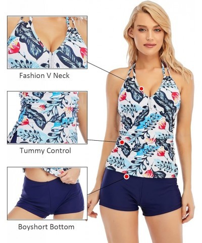 Women's V Neck Tankini Set Halter Tummy Control Tankini Top with Boyshorts Bottom Ruched Two Piece Bathing Suits Blue Leaf $1...