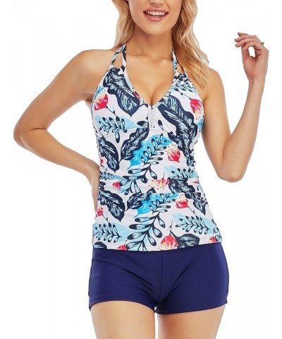 Women's V Neck Tankini Set Halter Tummy Control Tankini Top with Boyshorts Bottom Ruched Two Piece Bathing Suits Blue Leaf $1...