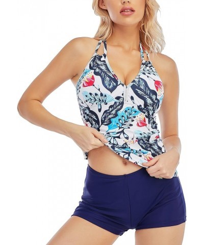 Women's V Neck Tankini Set Halter Tummy Control Tankini Top with Boyshorts Bottom Ruched Two Piece Bathing Suits Blue Leaf $1...