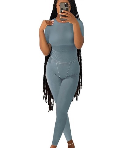 Casual Workout Two Piece Outfits for Women Fitted Crew Neck T-shirt High Waist pants Matching Sets Streetwear Grey Blue $14.0...