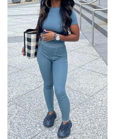 Casual Workout Two Piece Outfits for Women Fitted Crew Neck T-shirt High Waist pants Matching Sets Streetwear Grey Blue $14.0...