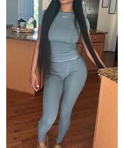 Casual Workout Two Piece Outfits for Women Fitted Crew Neck T-shirt High Waist pants Matching Sets Streetwear Grey Blue $14.0...