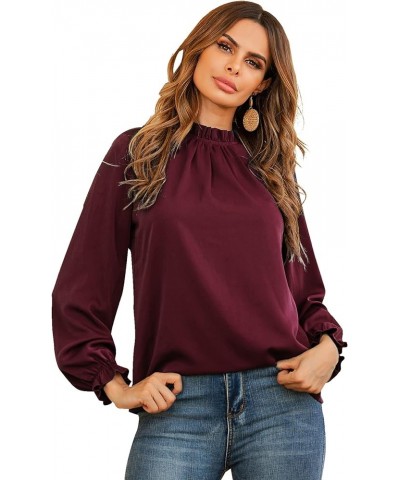 Women's Frill Mock Neck Flounce Long Sleeve Solid Blouse Office Shirt Top Burgundy $18.23 Blouses