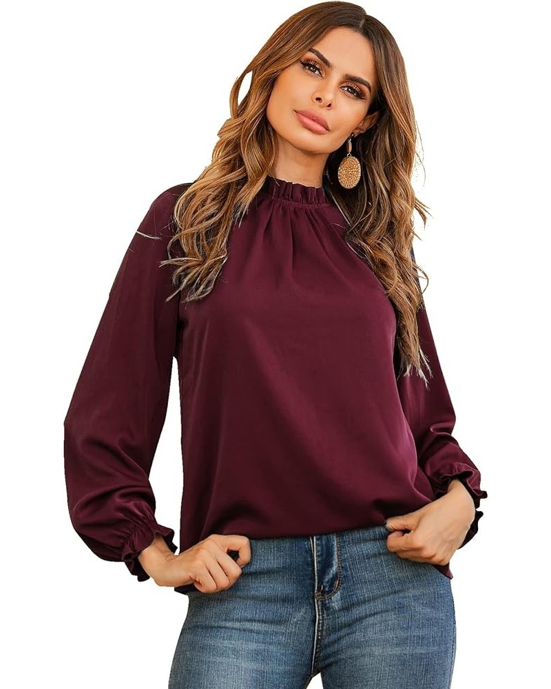 Women's Frill Mock Neck Flounce Long Sleeve Solid Blouse Office Shirt Top Burgundy $18.23 Blouses