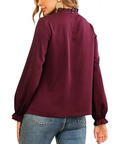 Women's Frill Mock Neck Flounce Long Sleeve Solid Blouse Office Shirt Top Burgundy $18.23 Blouses