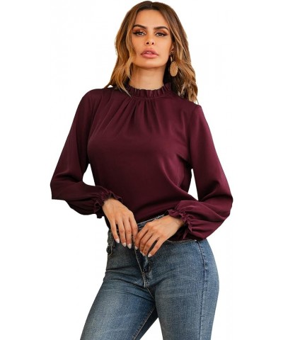 Women's Frill Mock Neck Flounce Long Sleeve Solid Blouse Office Shirt Top Burgundy $18.23 Blouses