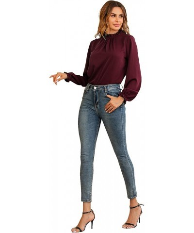 Women's Frill Mock Neck Flounce Long Sleeve Solid Blouse Office Shirt Top Burgundy $18.23 Blouses