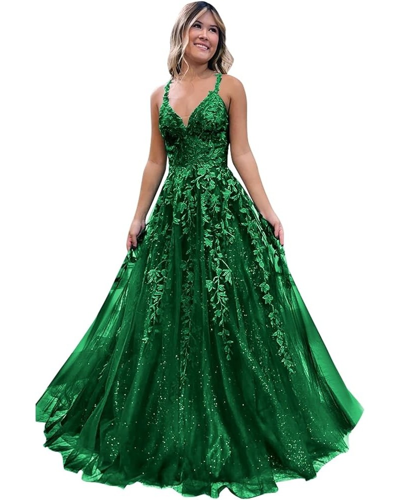 Sparkly Tulle Prom Dresses 2024 Lace Appliques Long Ball Gown V Neck Corset Spaghetti Straps Formal Evening Dress Emerald Gre...