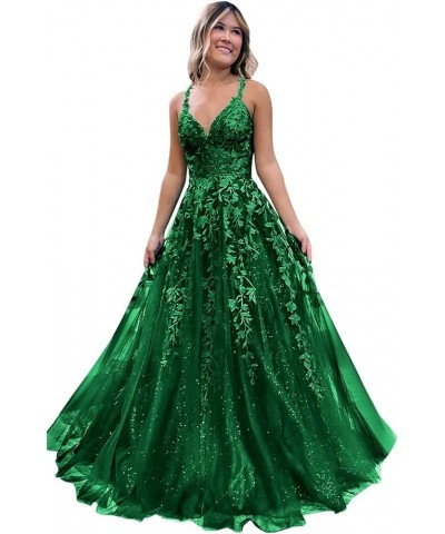 Sparkly Tulle Prom Dresses 2024 Lace Appliques Long Ball Gown V Neck Corset Spaghetti Straps Formal Evening Dress Emerald Gre...