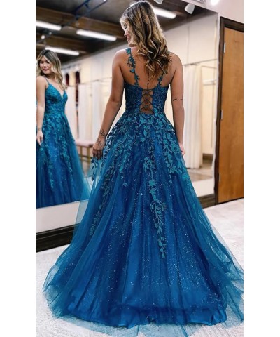 Sparkly Tulle Prom Dresses 2024 Lace Appliques Long Ball Gown V Neck Corset Spaghetti Straps Formal Evening Dress Emerald Gre...