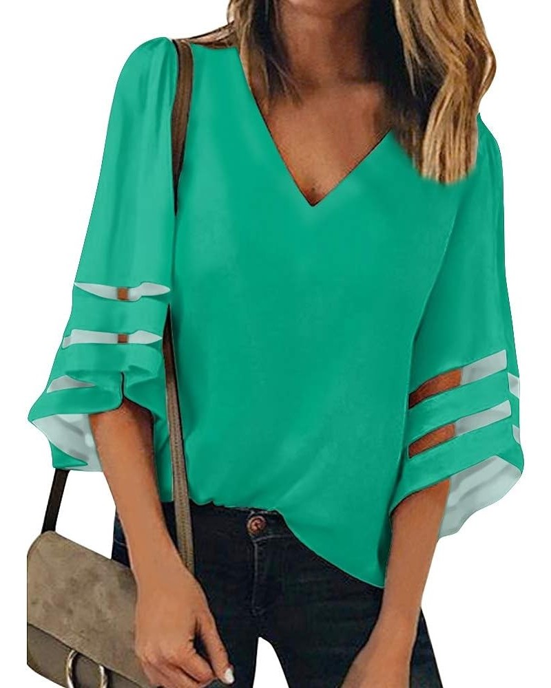 Women's Business Casual Tops 3/4 Bell Sleeve V Neck Lace Patchwork Blouse Loose Shirt Green $9.24 Tops