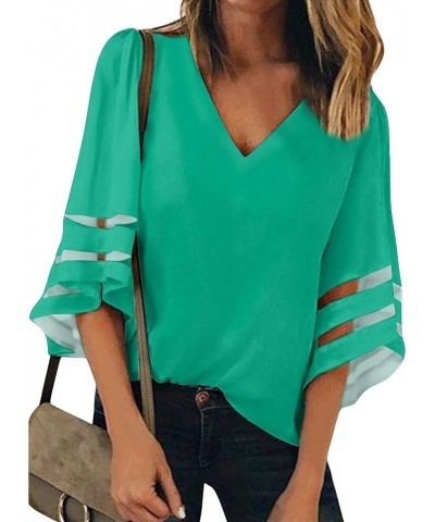 Women's Business Casual Tops 3/4 Bell Sleeve V Neck Lace Patchwork Blouse Loose Shirt Green $9.24 Tops