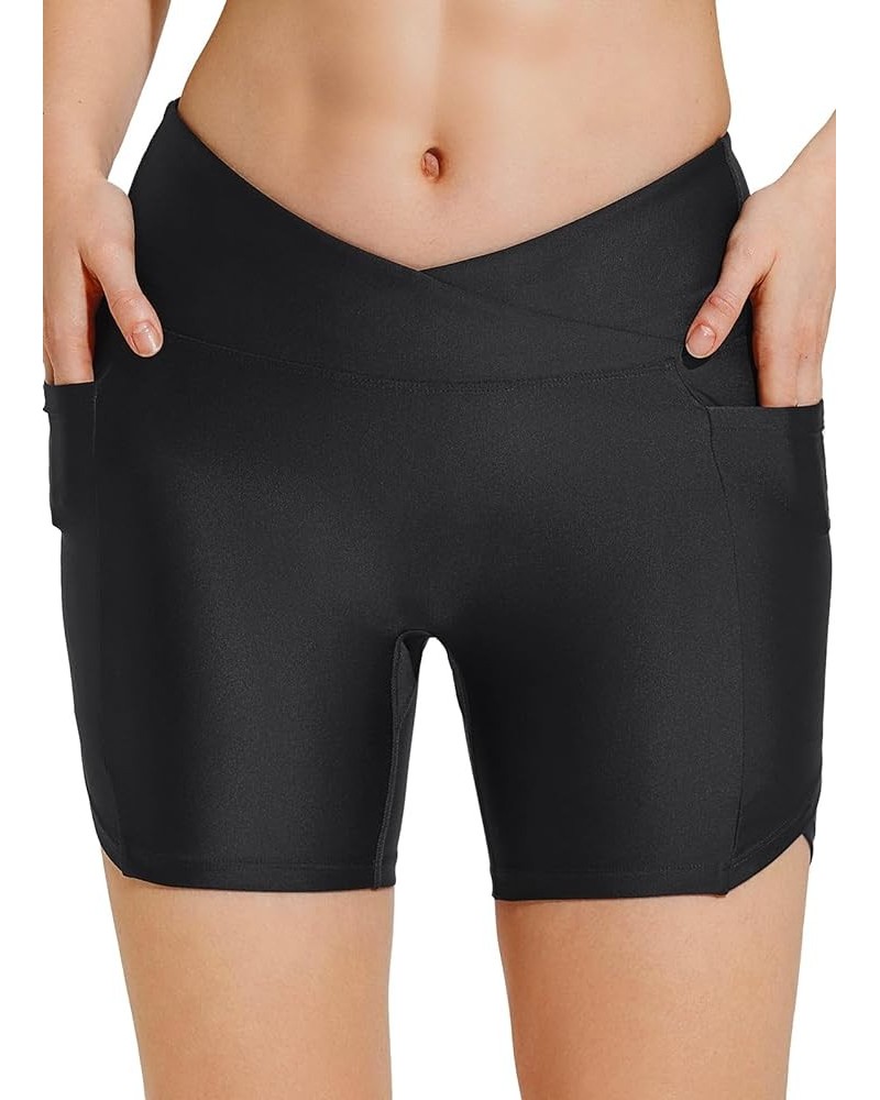 Women's 5" Swim Shorts Bottoms Cross Waist Tummy Control Quick Dry UPF50+ Bathing Suit with Liner Pockets Black $17.15 Swimsuits