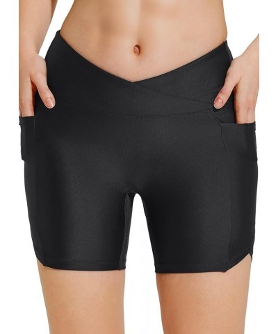 Women's 5" Swim Shorts Bottoms Cross Waist Tummy Control Quick Dry UPF50+ Bathing Suit with Liner Pockets Black $17.15 Swimsuits