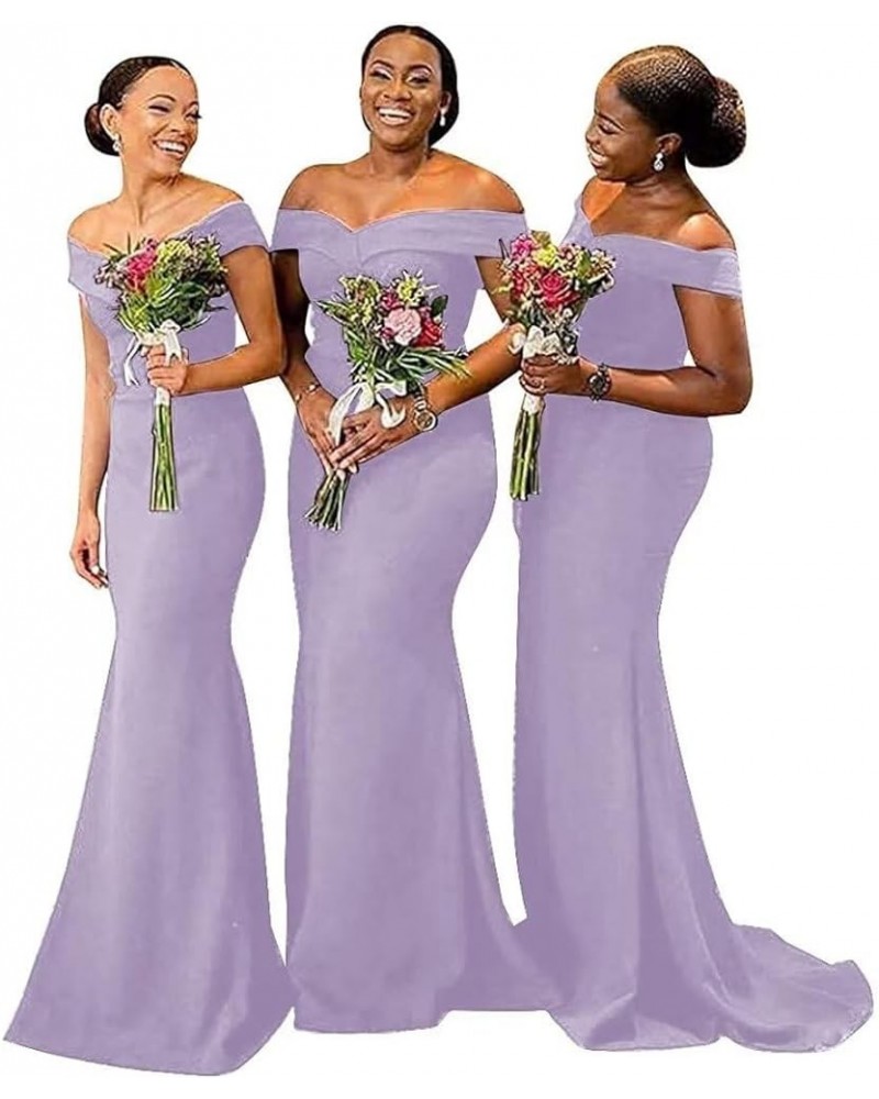 Women's Elegant Satin Bridesmaid Dress 2023 Long Mermaid Prom Dresses Off Shoulder Ball Gown with Train ABC1787 Lavender $28....