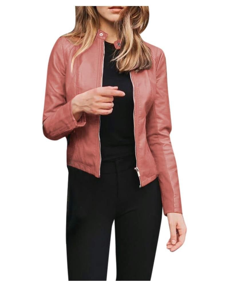 Women'S Faux Leather Jacket with Faux Fura Collar Long Sleeve Short Cardigan Slim Jacket Coat Hoodies for Women Pink-7 $14.40...