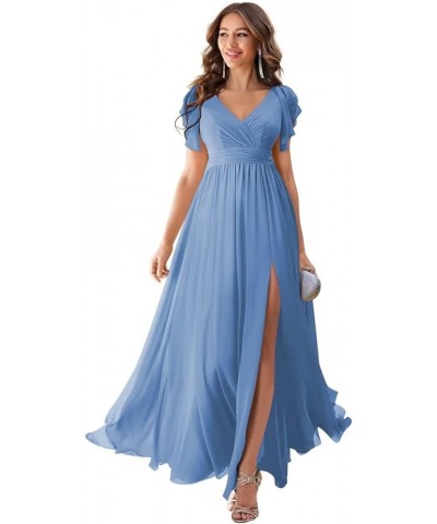 Chiffon Bridesmaid Dresses for Wedding 2024 V Neck Ruffles Short Sleeves Formal Evening Gowns with Slit Dusty Slate $31.85 Dr...