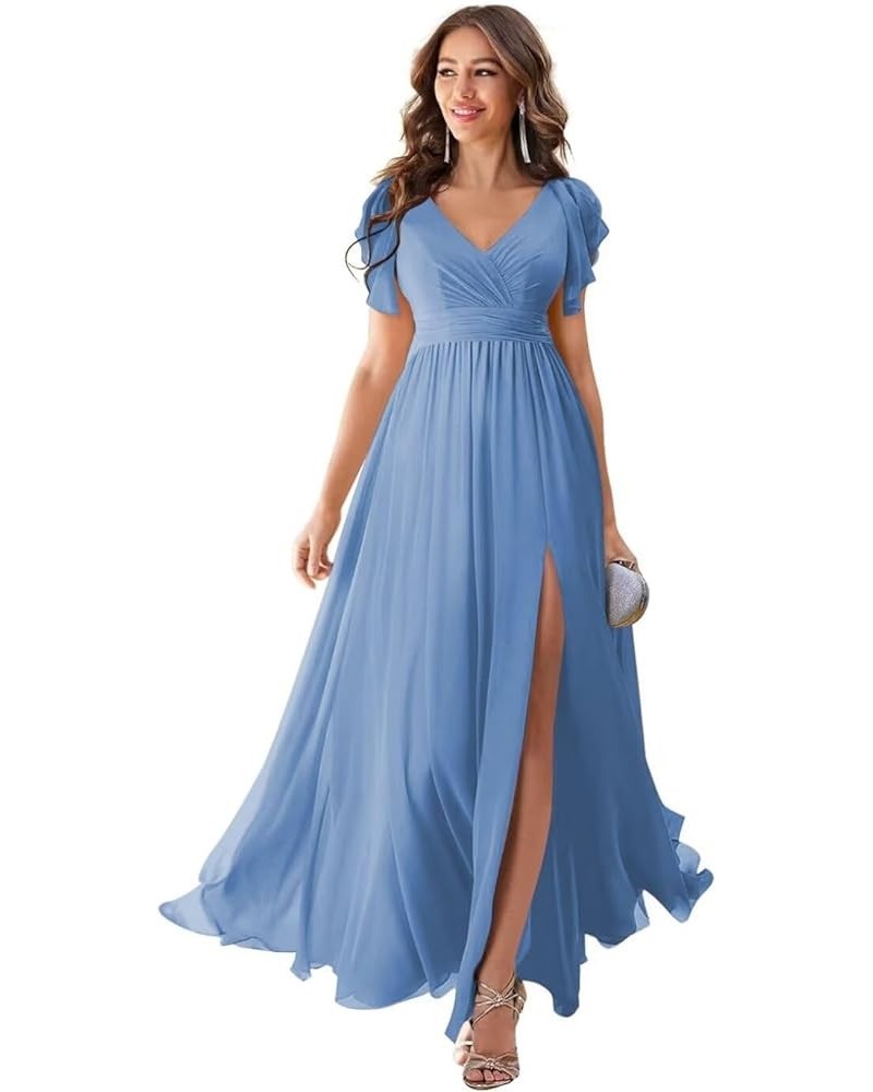 Chiffon Bridesmaid Dresses for Wedding 2024 V Neck Ruffles Short Sleeves Formal Evening Gowns with Slit Dusty Slate $31.85 Dr...