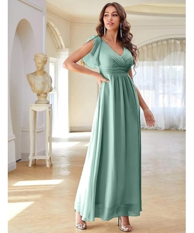 Chiffon Bridesmaid Dresses for Wedding 2024 V Neck Ruffles Short Sleeves Formal Evening Gowns with Slit Dusty Slate $31.85 Dr...