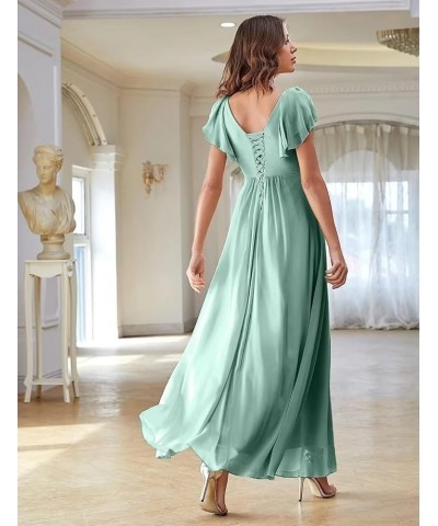 Chiffon Bridesmaid Dresses for Wedding 2024 V Neck Ruffles Short Sleeves Formal Evening Gowns with Slit Dusty Slate $31.85 Dr...