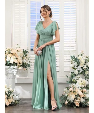 Chiffon Bridesmaid Dresses for Wedding 2024 V Neck Ruffles Short Sleeves Formal Evening Gowns with Slit Dusty Slate $31.85 Dr...