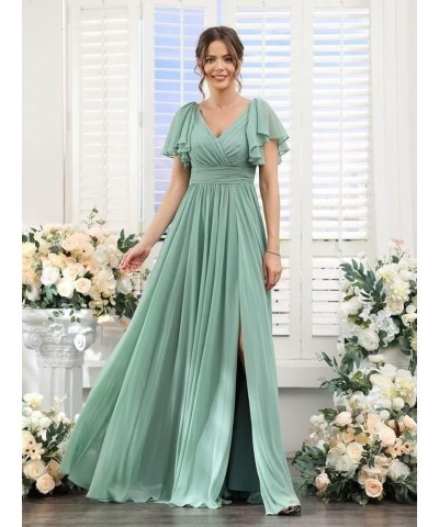 Chiffon Bridesmaid Dresses for Wedding 2024 V Neck Ruffles Short Sleeves Formal Evening Gowns with Slit Dusty Slate $31.85 Dr...