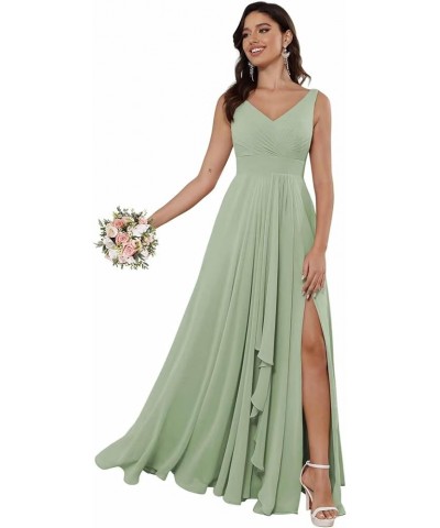 Double V-Neck Bridesmaid Dress Long with Slit Ruffles A-Line Pleated Chiffon Formal Party Dresses YO073 Sage Green $31.34 Dre...