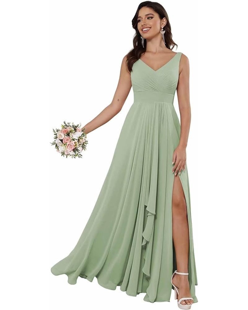 Double V-Neck Bridesmaid Dress Long with Slit Ruffles A-Line Pleated Chiffon Formal Party Dresses YO073 Sage Green $31.34 Dre...