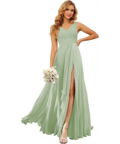 Double V-Neck Bridesmaid Dress Long with Slit Ruffles A-Line Pleated Chiffon Formal Party Dresses YO073 Sage Green $31.34 Dre...