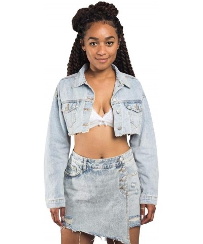 Women's Destroyed Denim Jacket Cropped Collar Light Blue $28.59 Jackets