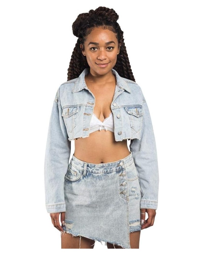 Women's Destroyed Denim Jacket Cropped Collar Light Blue $28.59 Jackets