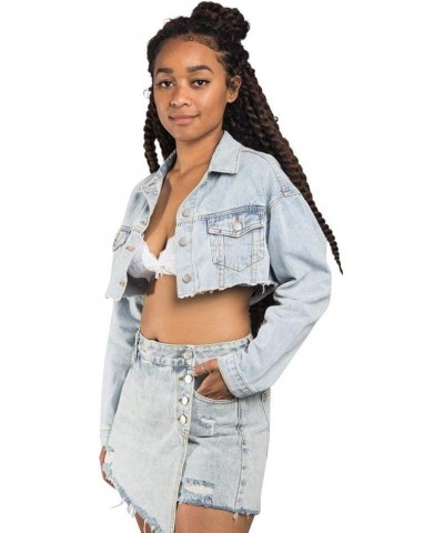 Women's Destroyed Denim Jacket Cropped Collar Light Blue $28.59 Jackets