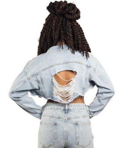 Women's Destroyed Denim Jacket Cropped Collar Light Blue $28.59 Jackets