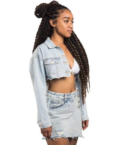 Women's Destroyed Denim Jacket Cropped Collar Light Blue $28.59 Jackets