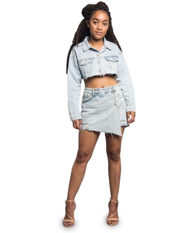 Women's Destroyed Denim Jacket Cropped Collar Light Blue $28.59 Jackets