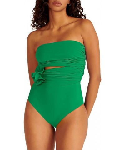 Womens One Piece Swimsuits Ruched Tummy Control 3D Floral Bathing Suit Bandeau Swimwear with Removable Straps Green $16.80 Sw...